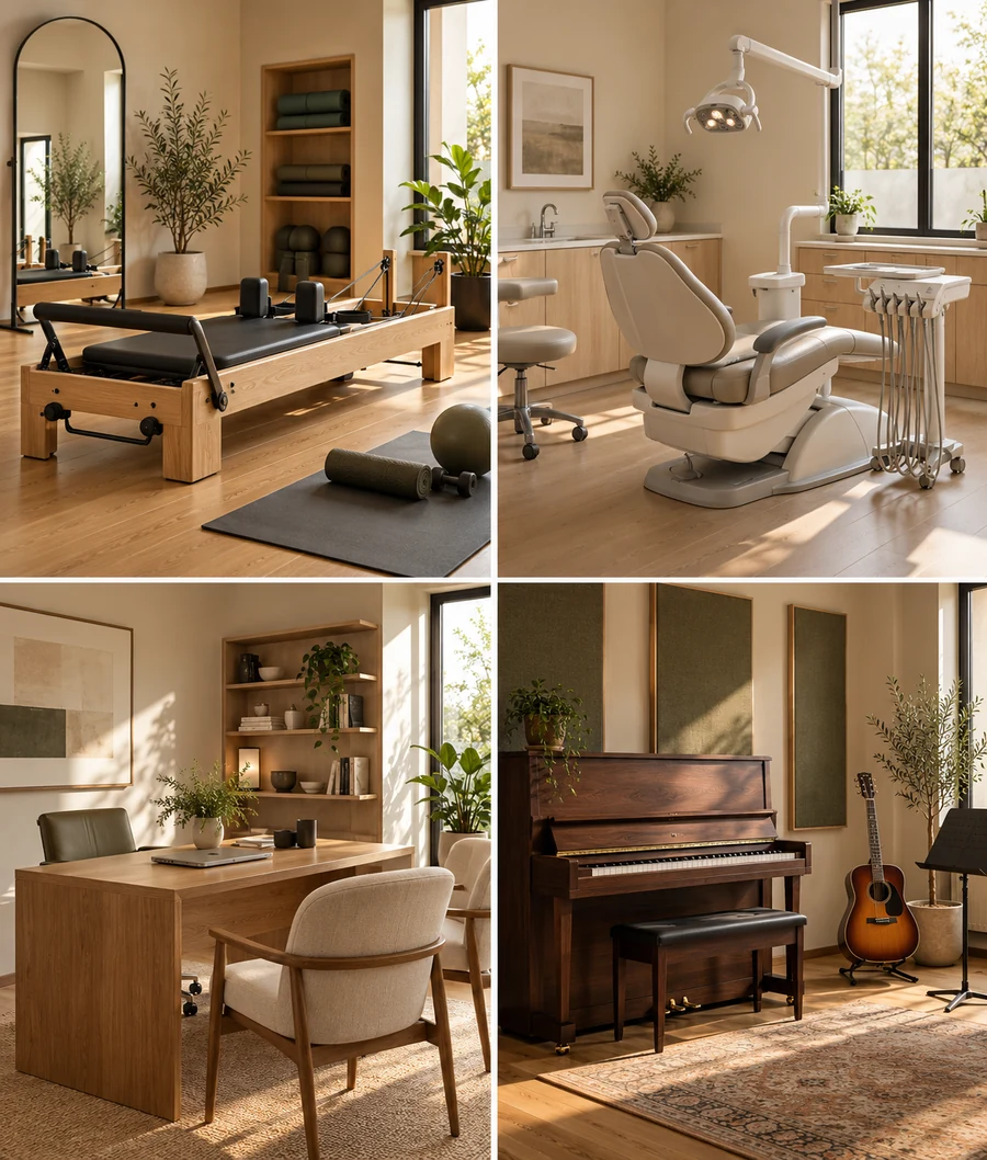 Four-panel collage of a Pilates studio, dental clinic, professional office, and music lesson studio