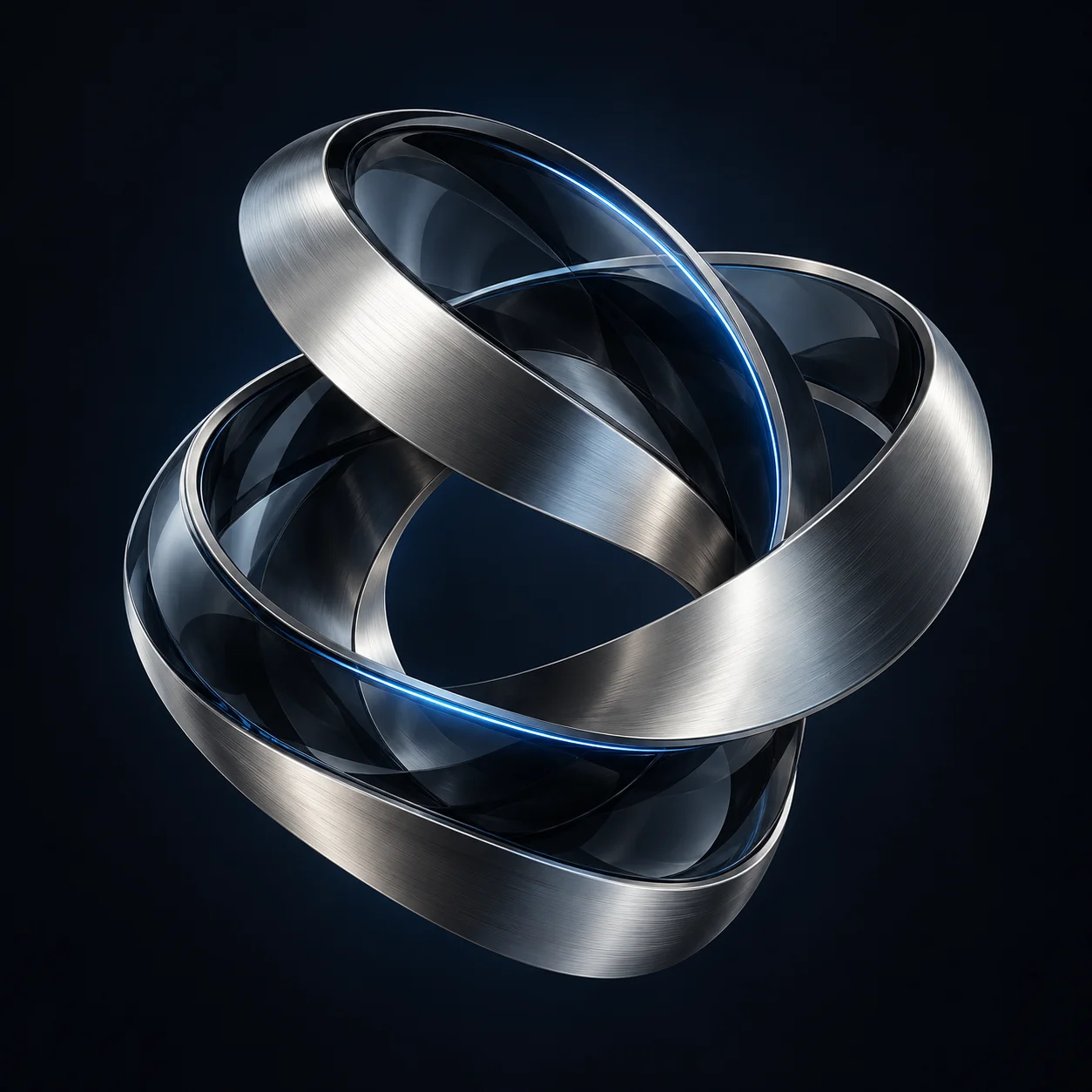 Interconnected sculptural loops in platinum and smoked glass with a subtle blue light